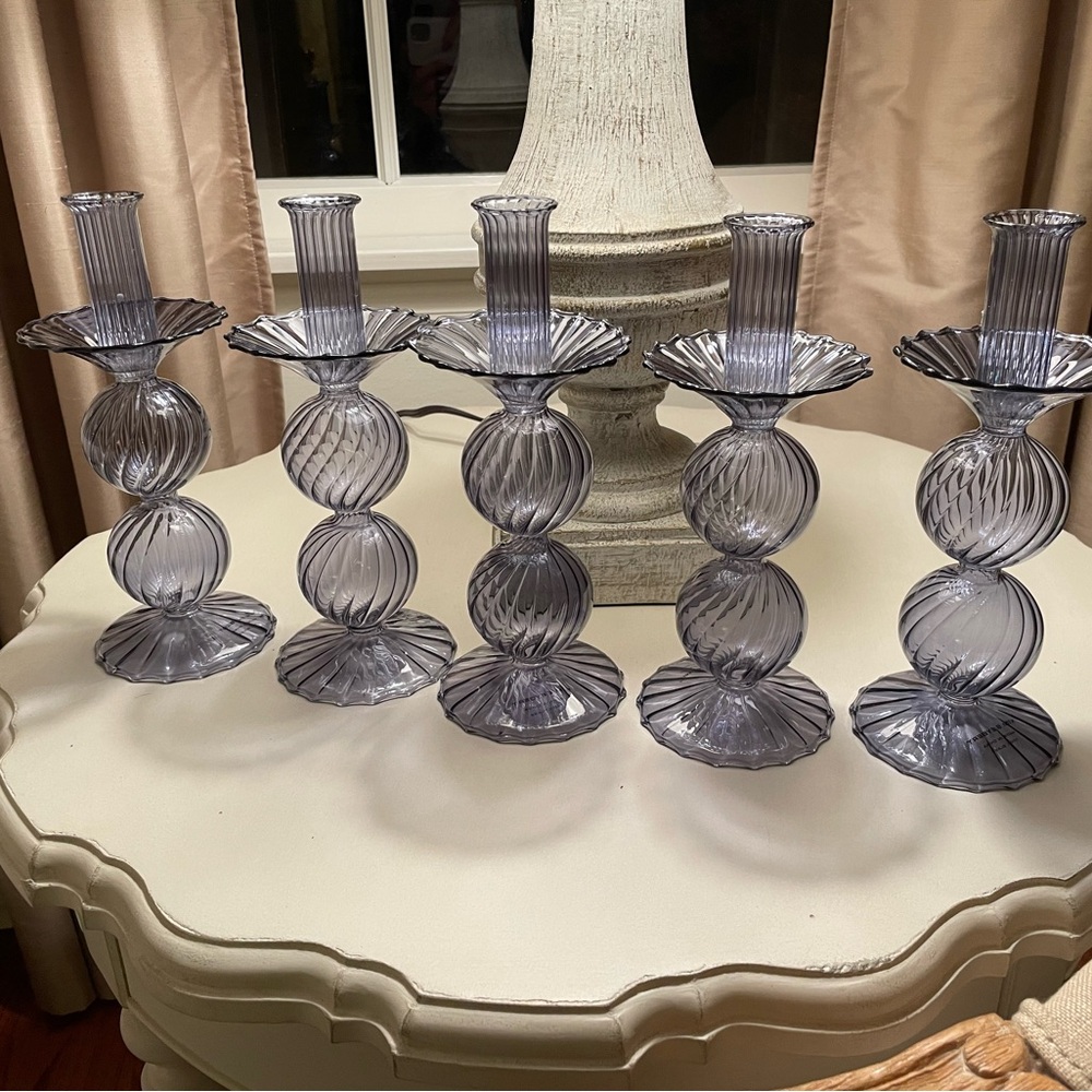 Elegant Gray Glass Candle Holders Set